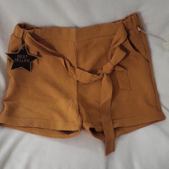 High Waist Tan Women's Shorts with Tie Belt - Picture 1 of 4